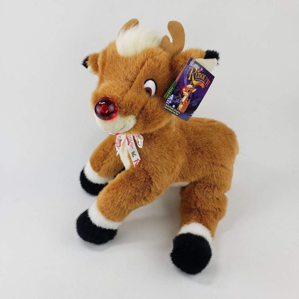 Vintage Plush Musical Rudolph Red Nose Blinks Christmas Stuffed Reindeer w tags